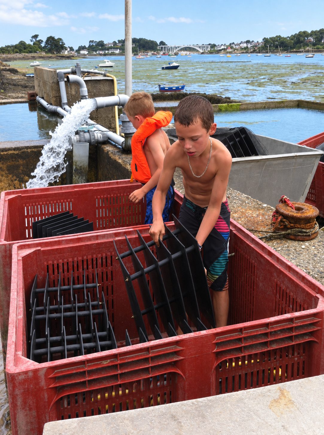 Les enfants du chantier, déjà les pieds dans l'eau